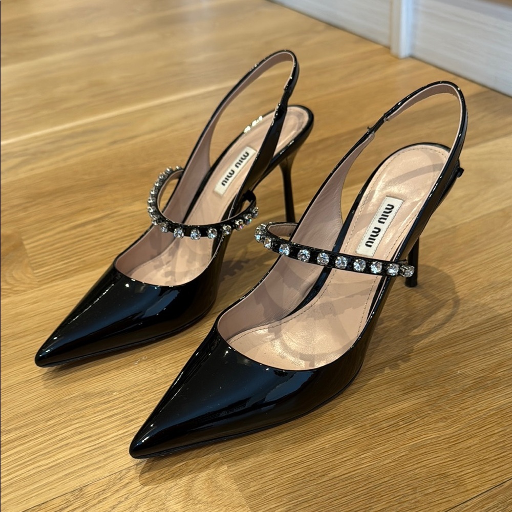 Miu Miu Black Patent Leather Rhinestone Slingback Heels